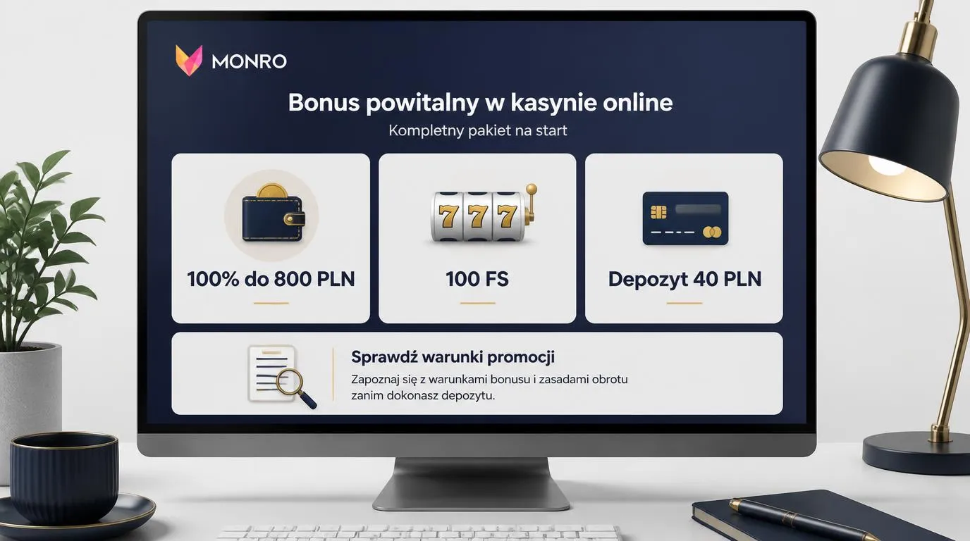 Panel bonusu powitalnego z ofertą 100% do 800 PLN, 100 darmowymi spinami i wymaganym depozytem 40 PLN