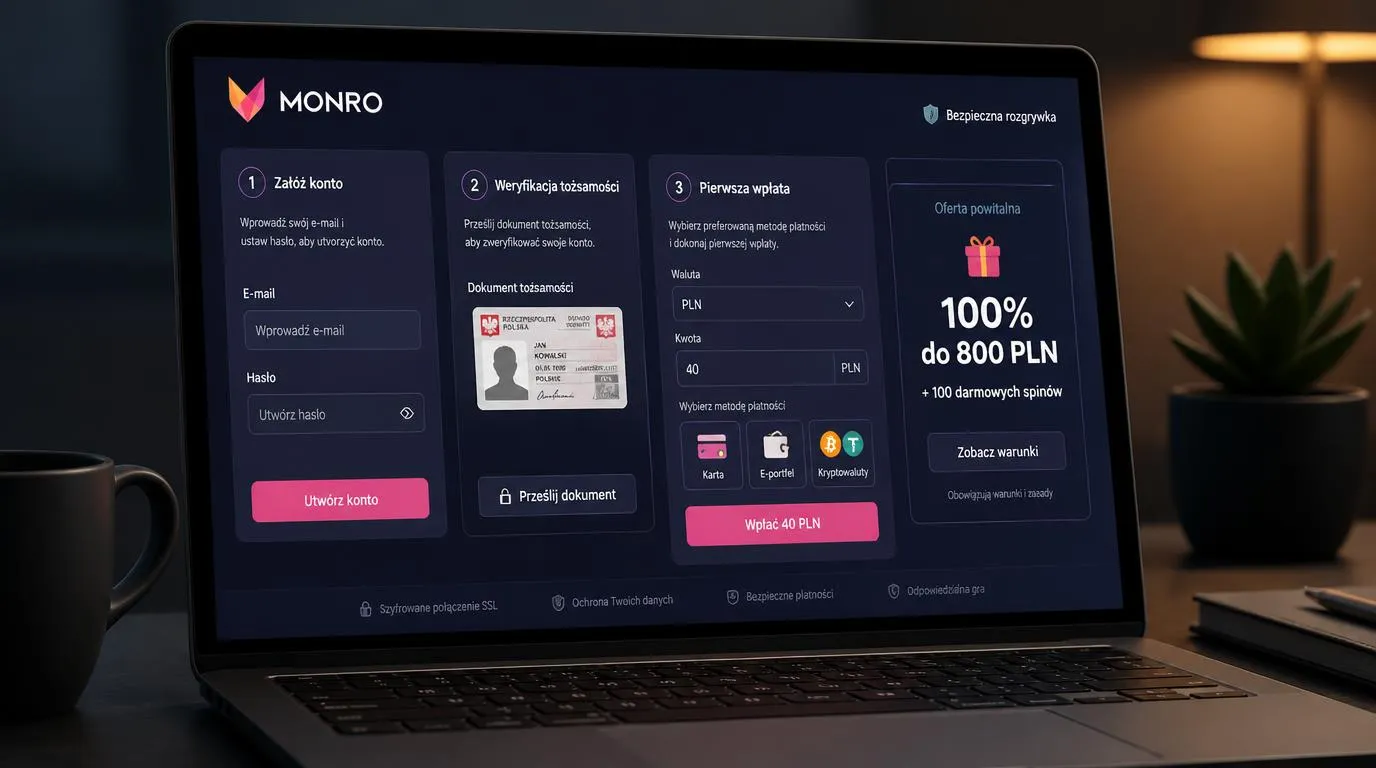 Panel rejestracji, przesyłania dokumentów KYC i pierwszej wpłaty w PLN na ekranie laptopa